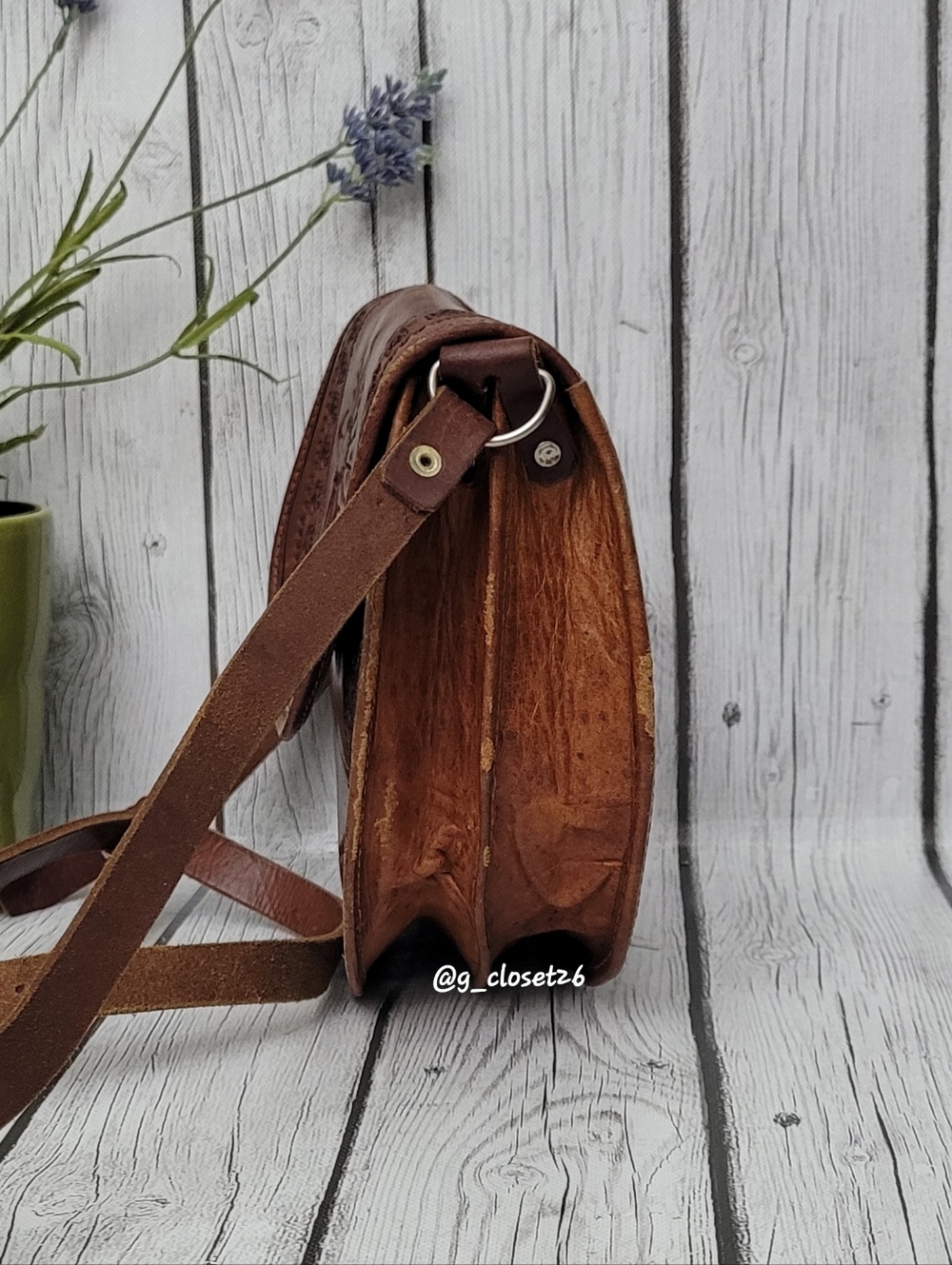 Handcrafted Brown Leather Crossbody Bag with Floral Tooled Detail - Picture 2 of 13